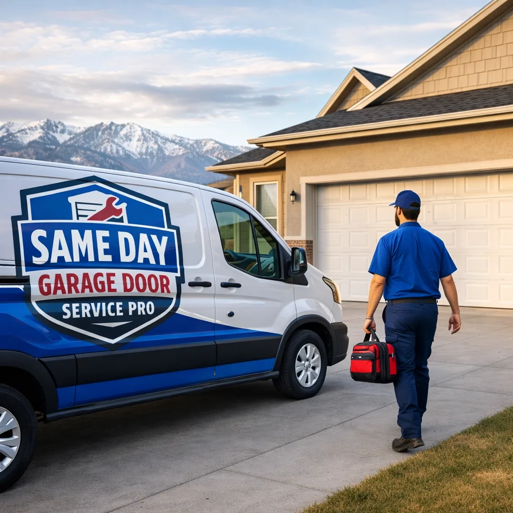 Uniformed technician arriving at a Salt Lake City home in a company van to repair a garage door.