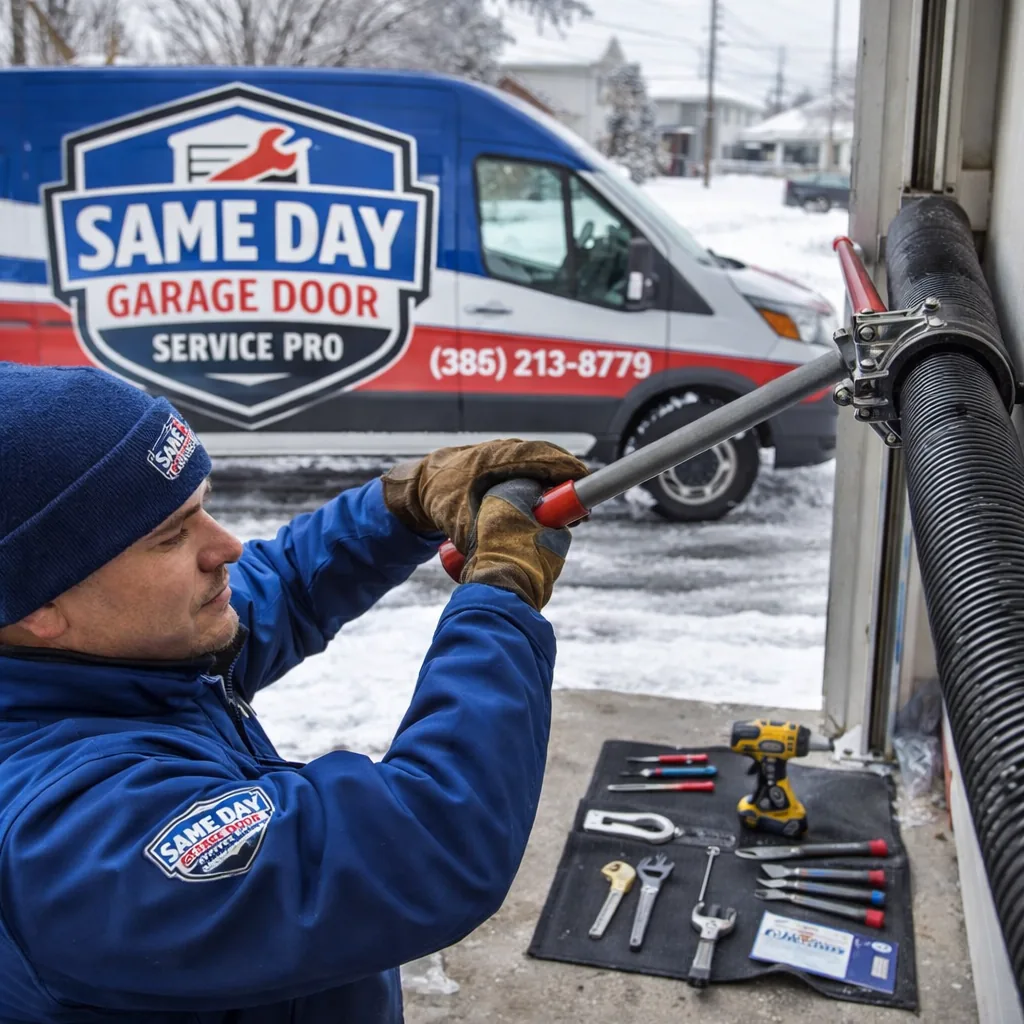 Uniformed technician working on a garage door track outside a Salt Lake City home.