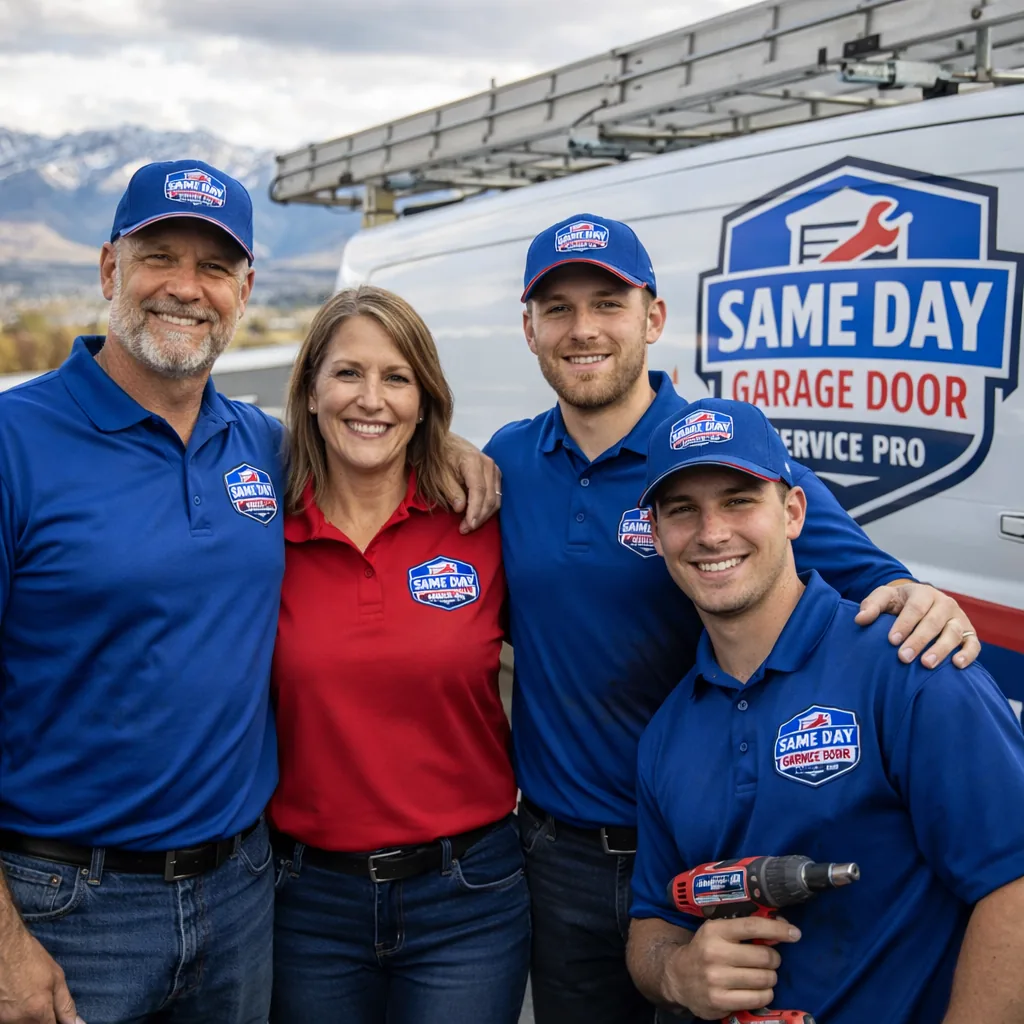Family-owned team of garage door technicians standing together in front of a service van.